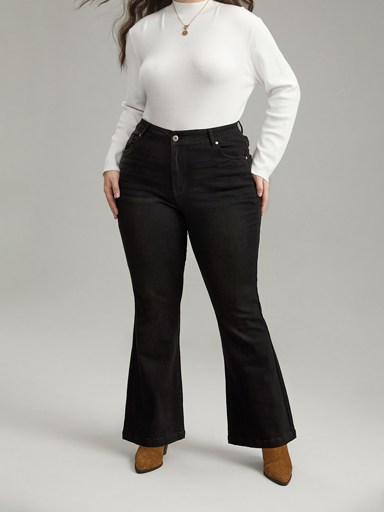 

Plus Size Flare Leg High Rise Full Length Jeans Women Black Casual Plain Plain High stretch Pocket Jeans BloomChic