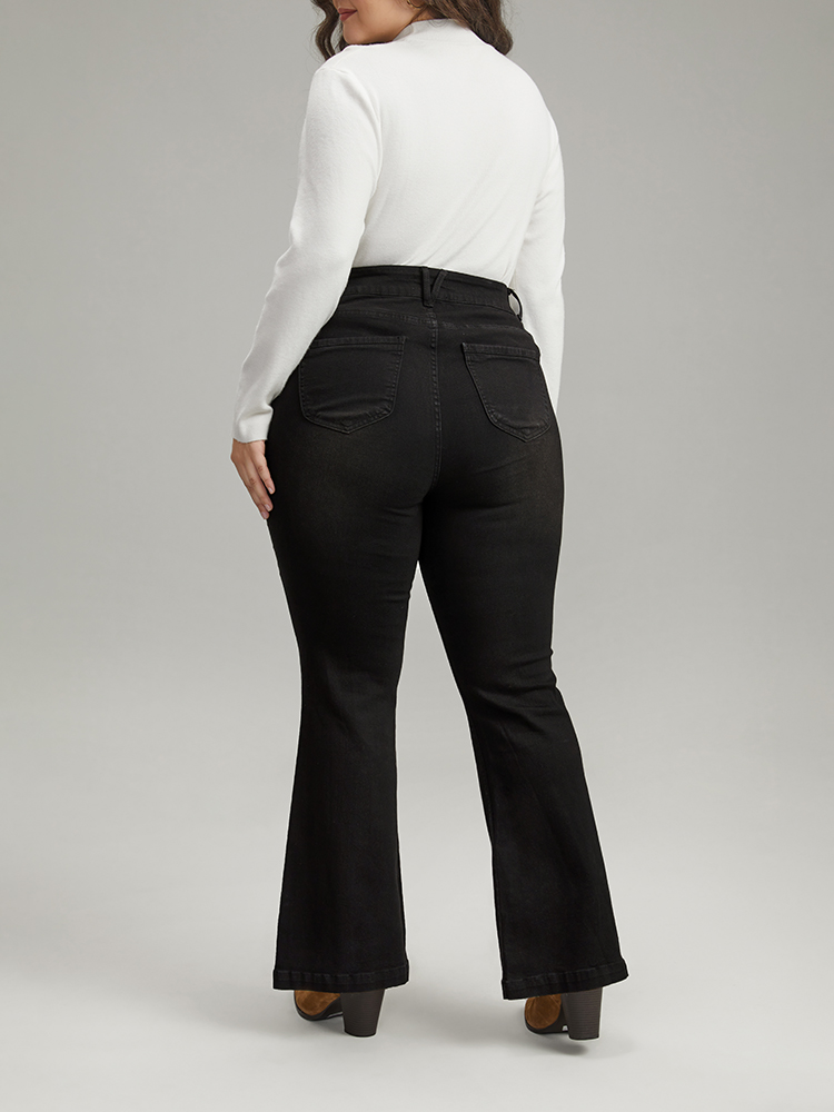 Plus Size Flare Leg High Rise Full Length Jeans Women Black Casual Plain Plain High stretch Pocket Jeans BloomChic 20/2X 