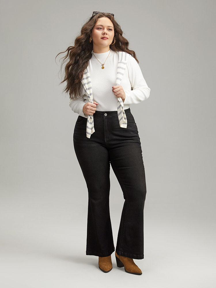 Plus Size Flare Leg High Rise Full Length Jeans Women Black Casual Plain Plain High stretch Pocket Jeans BloomChic 20/2X 