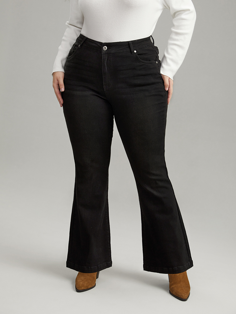 Plus Size Flare Leg High Rise Full Length Jeans Women Black Casual Plain Plain High stretch Pocket Jeans BloomChic 20/2X 