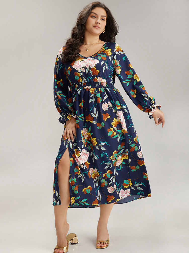 

Plus Size Floral Print Split Side Ruffle Trim Dress Navy Women Elegant Printed V-neck Long Sleeve Curvy Midi Dress BloomChic