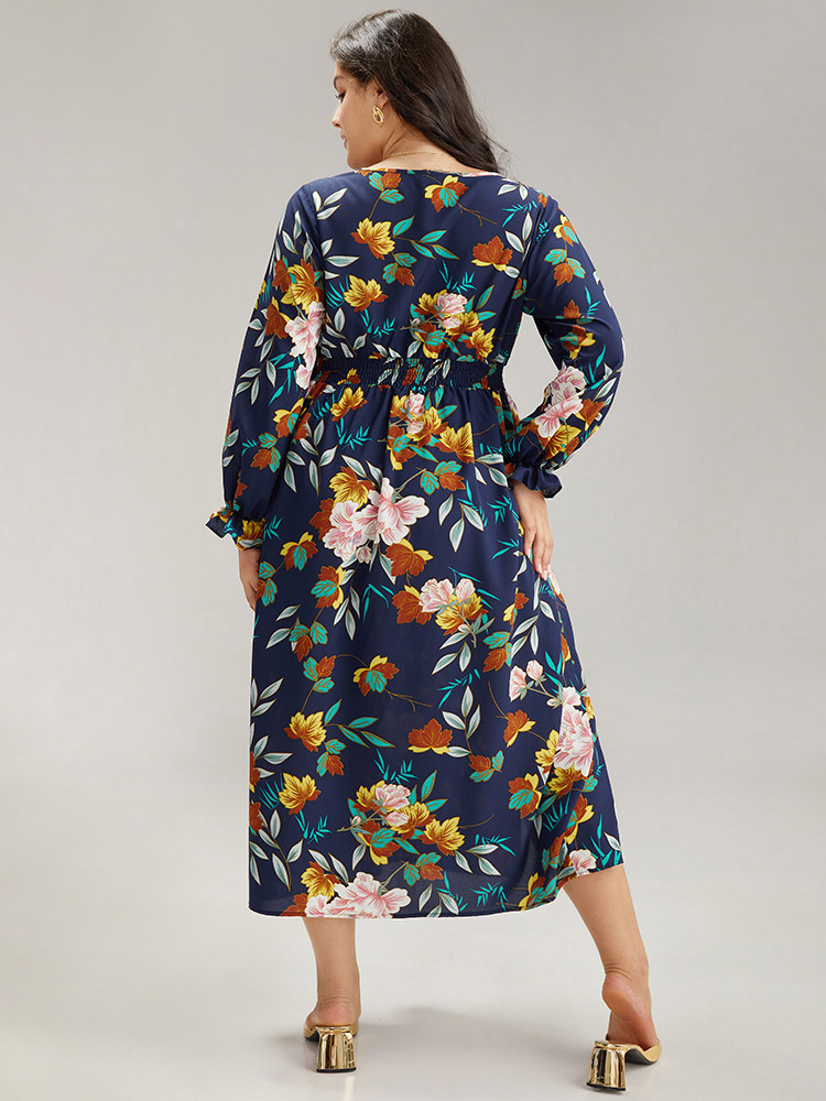 Plus Size Floral Print Split Side Ruffle Trim Dress Navy Women Elegant Printed V-neck Long Sleeve Curvy Midi Dress BloomChic 26/4X 