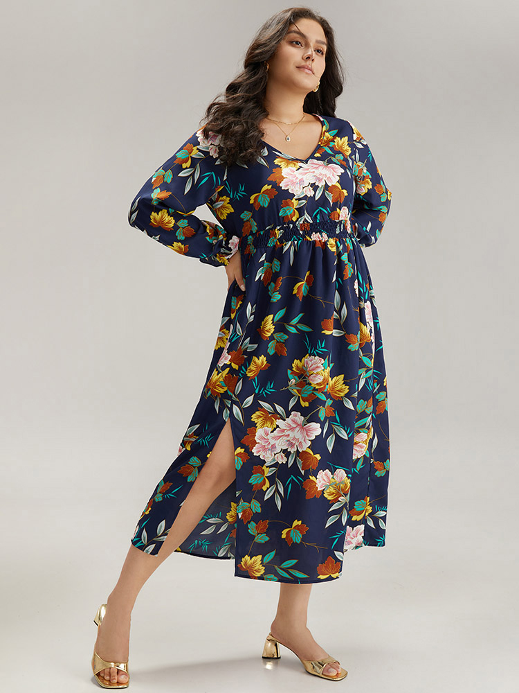 Plus Size Floral Print Split Side Ruffle Trim Dress Navy Women Elegant Printed V-neck Long Sleeve Curvy Midi Dress BloomChic 26/4X 