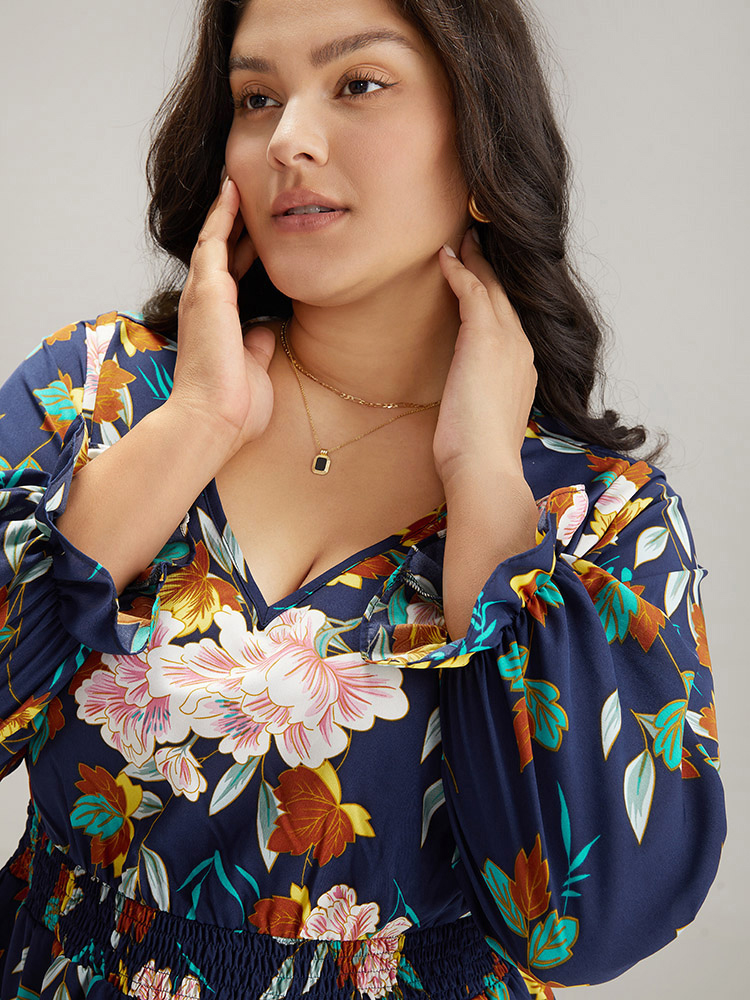 Plus Size Floral Print Split Side Ruffle Trim Dress Navy Women Elegant Printed V-neck Long Sleeve Curvy Midi Dress BloomChic 26/4X 