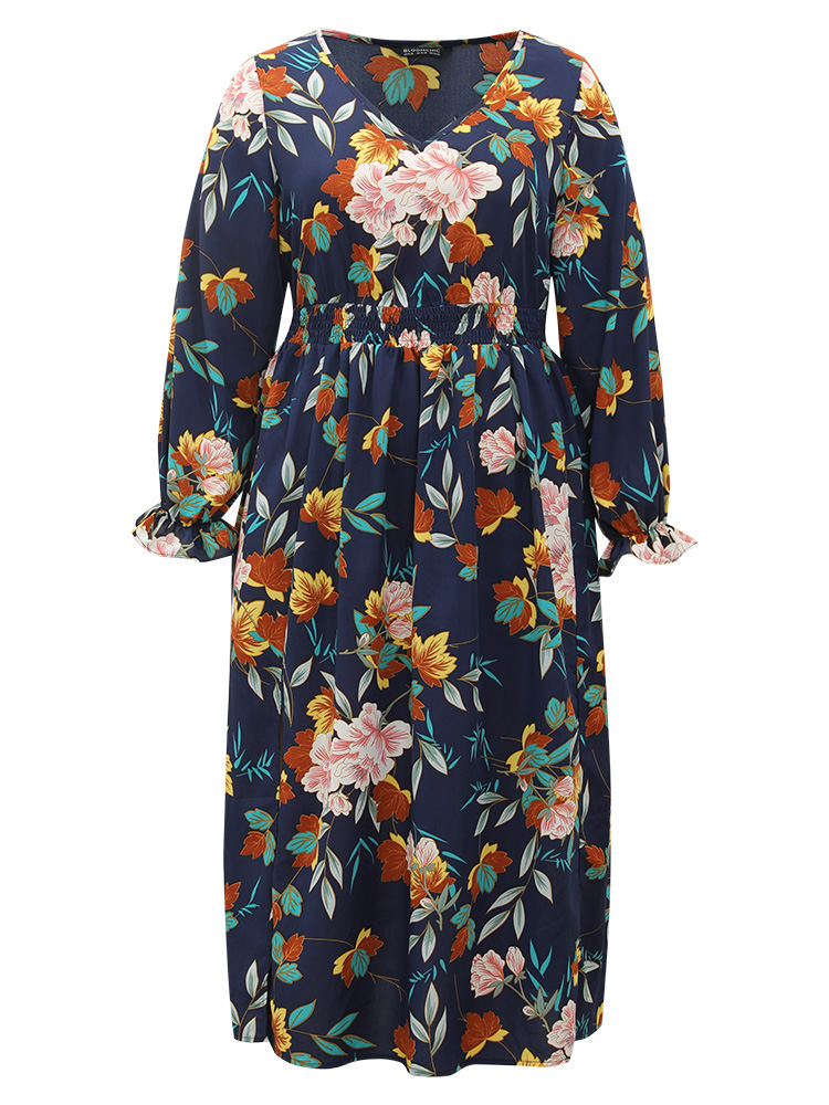 

Plus Size Floral Print Split Side Ruffle Trim Dress Navy Women Elegant Printed V-neck Long Sleeve Curvy Midi Dress BloomChic