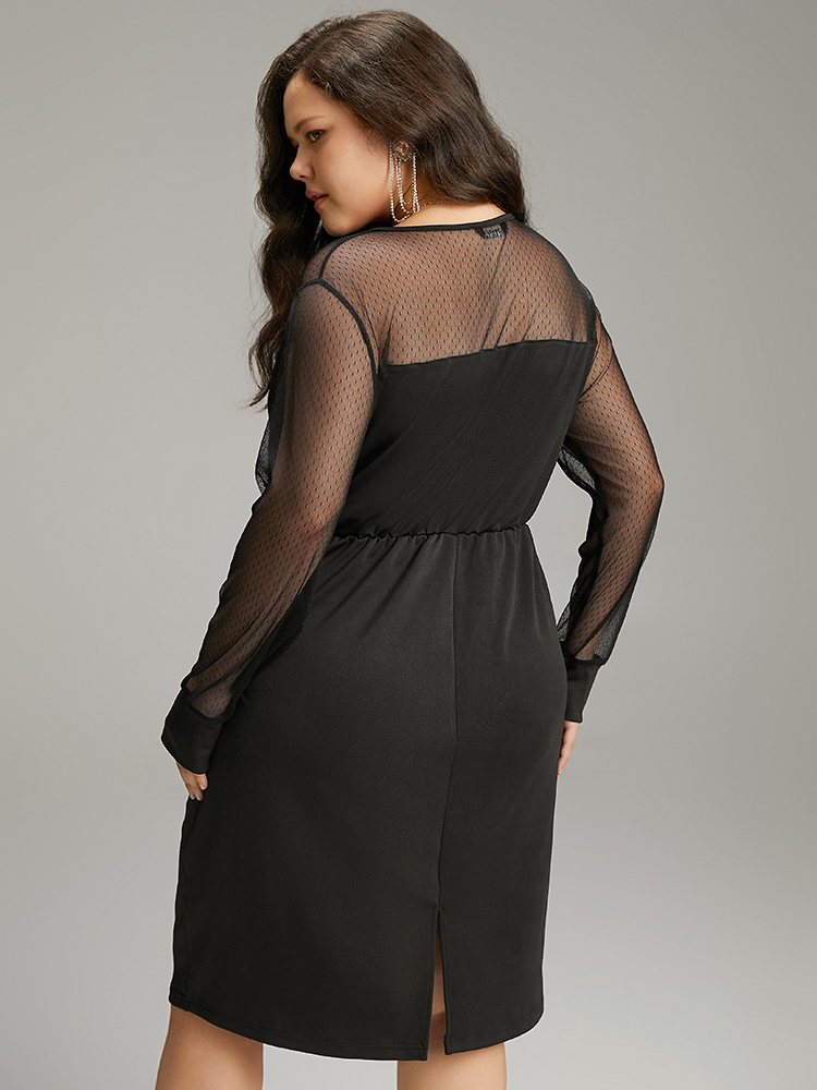 

Plus Size Plain Patchwork Mesh Elastic Waist Split Hem Dress Black Women Glamour See through V-neck Long Sleeve Curvy Knee Dress BloomChic