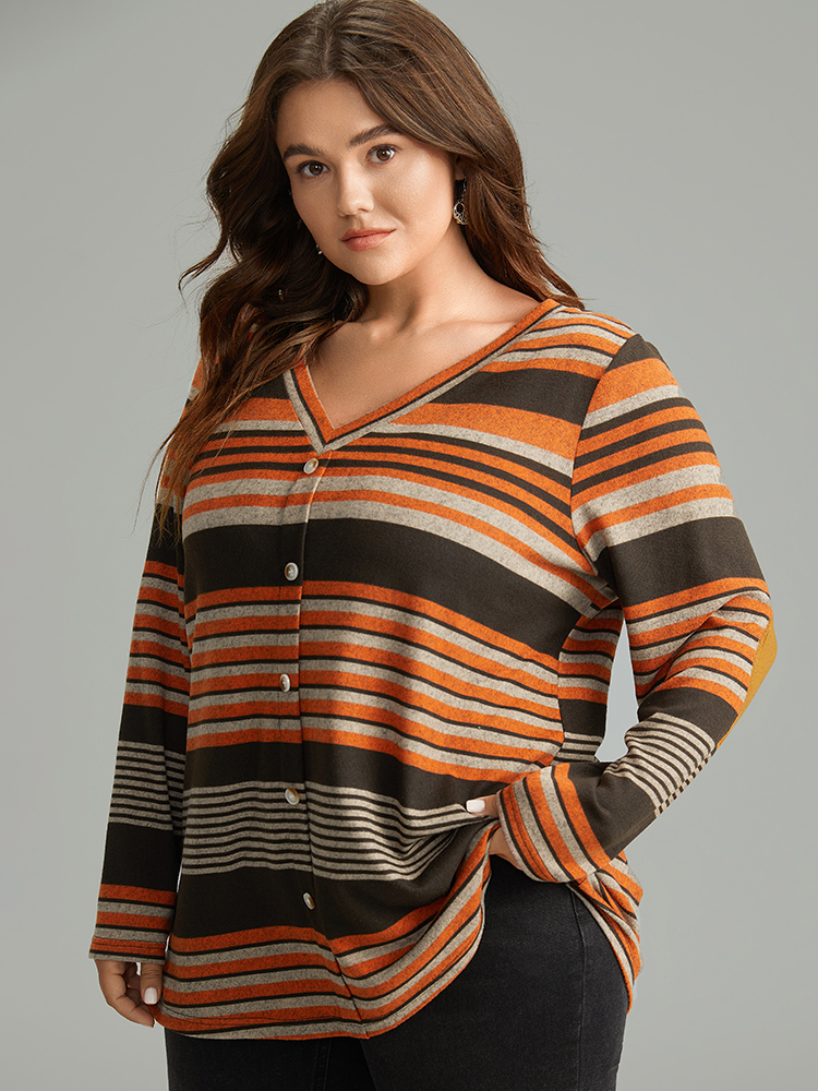 Plus Size Women Festival-Halloween Striped Contrast Regular Sleeve Long Sleeve V-neck Casual T-shirts BloomChic 