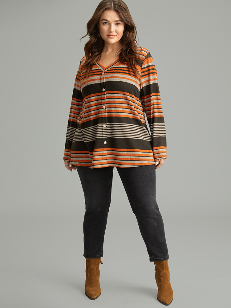 Plus Size Women Festival-Halloween Striped Contrast Regular Sleeve Long Sleeve V-neck Casual T-shirts BloomChic 