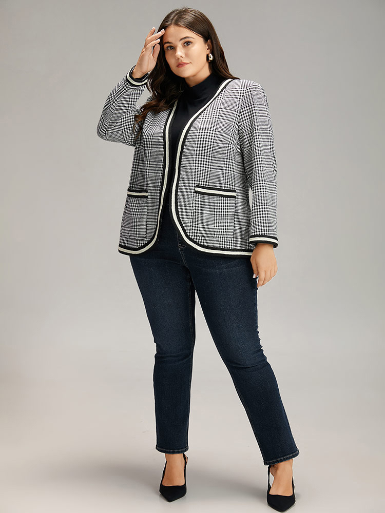 

Plus Size Gingham Contrast Webbing Pocket Blazer Women Black Elegant Contrast Ladies Dailywear Winter Coats BloomChic