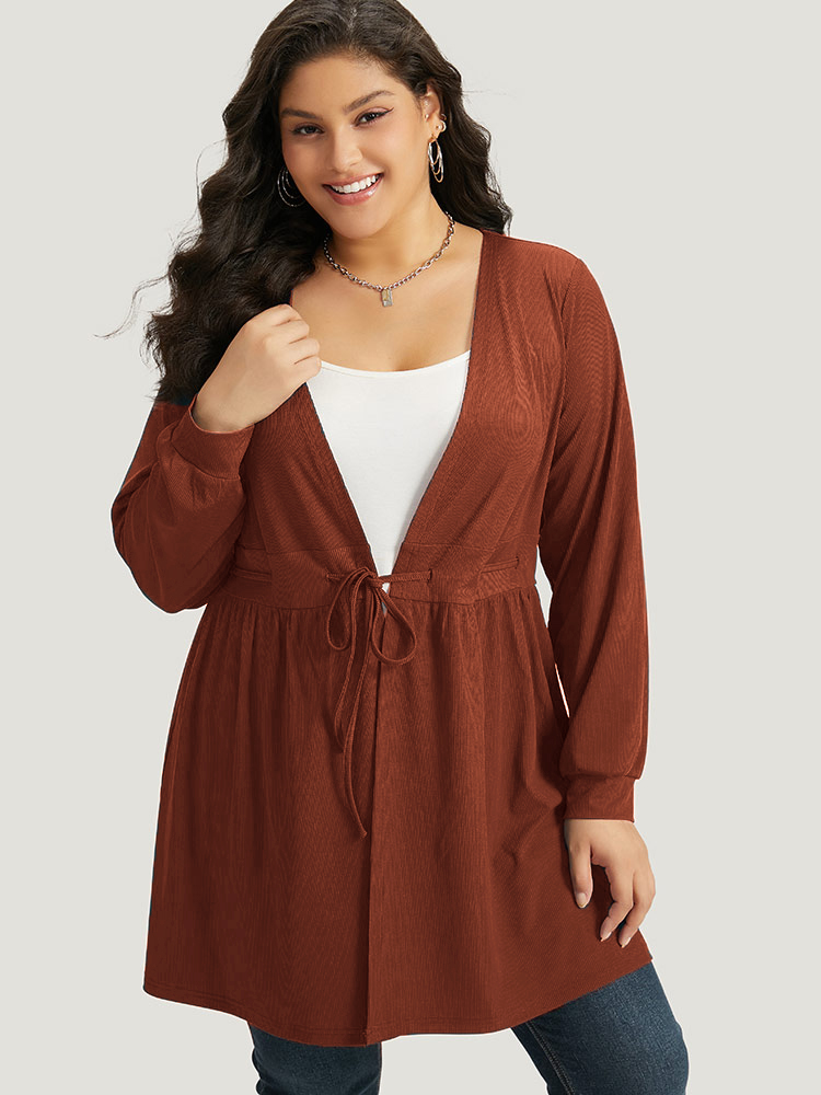 

Plus Size Plain Drawstring Knot Gathered Open Front Coat Women Russet Casual Plain Dailywear Kimonos BloomChic