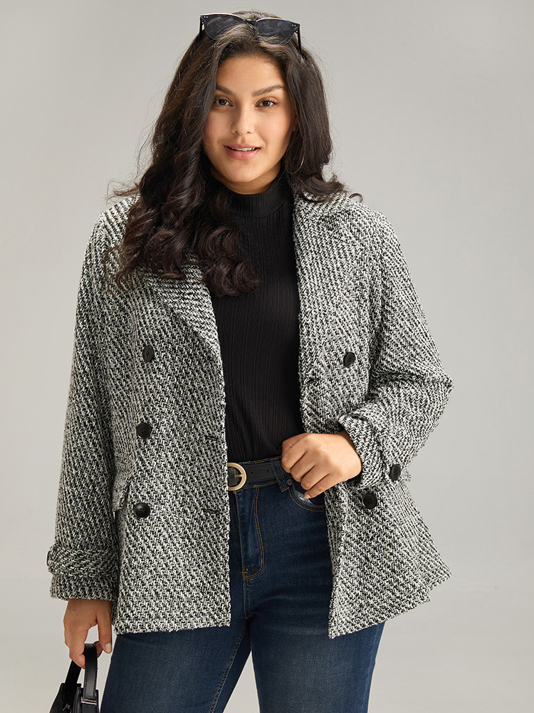 

Plus Size Tweed Lapel Collar Button Up Pocket Coat Women Black Elegant Texture Ladies Everyday Winter Coats BloomChic