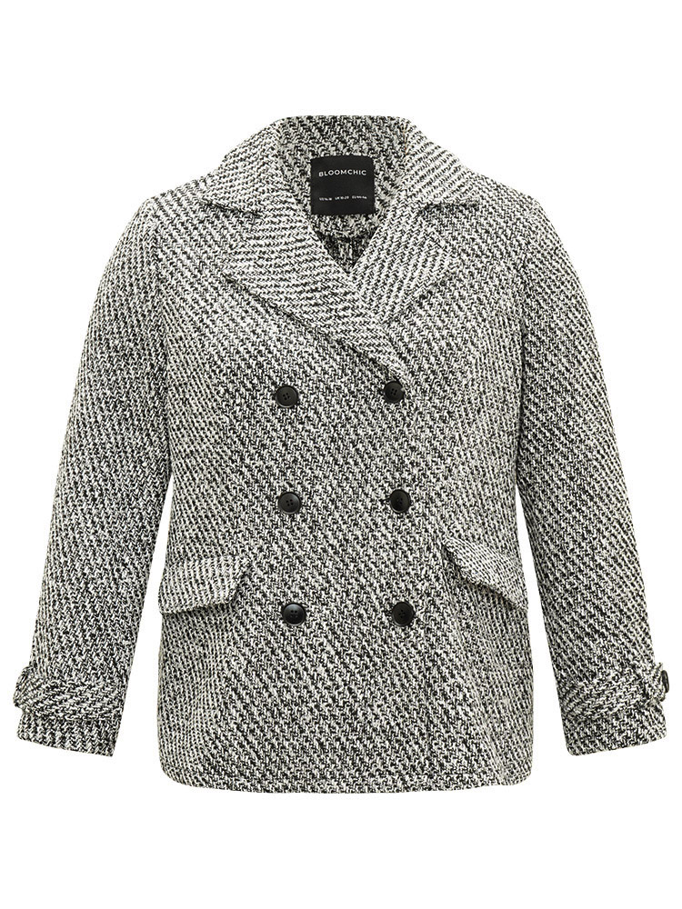 Plus Size Tweed Lapel Collar Button Up Pocket Coat Women Black Elegant Texture Ladies Everyday Winter Coats BloomChic 28/5X 