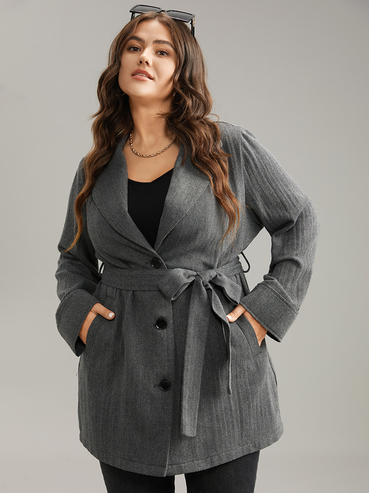 

Plus Size Tweed Button Fly Belted Lapel Collar Coat Women Gray Casual Texture Ladies Dailywear Winter Coats BloomChic