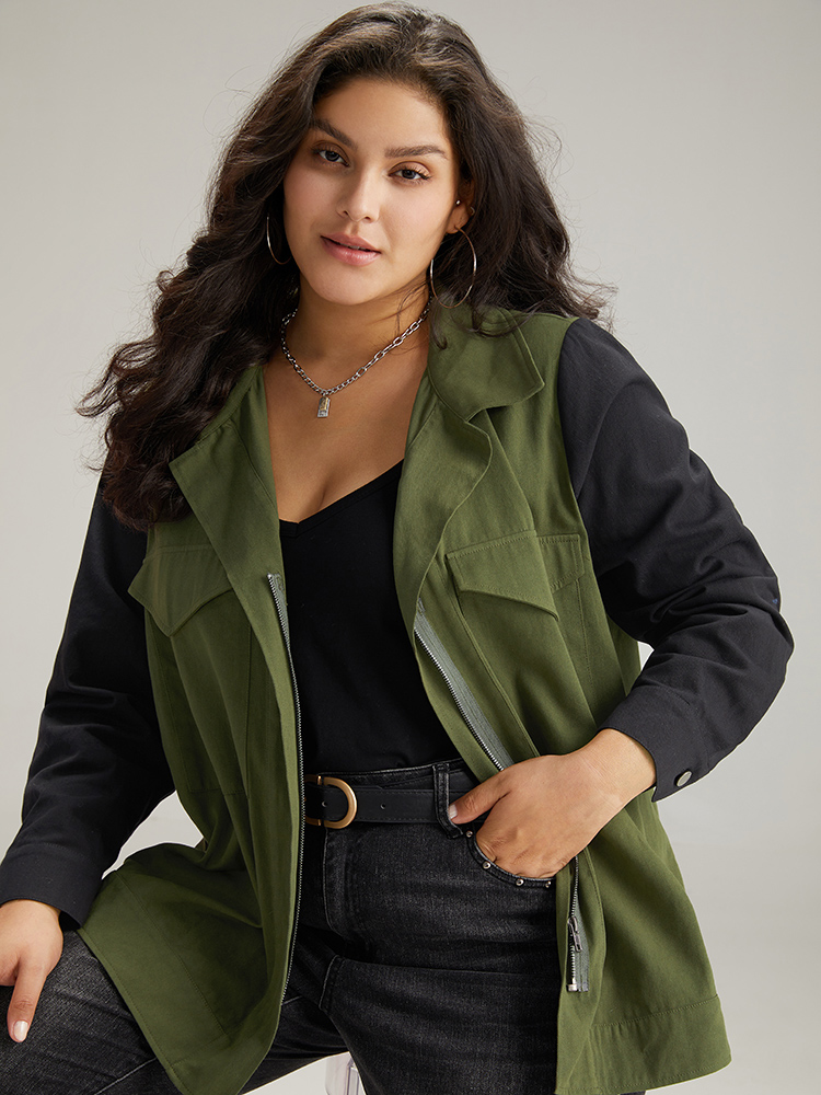 

Plus Size Contrast Lapel Collar Pocket Zipper Fly Coat Women Green Casual Contrast Ladies Dailywear Winter Coats BloomChic