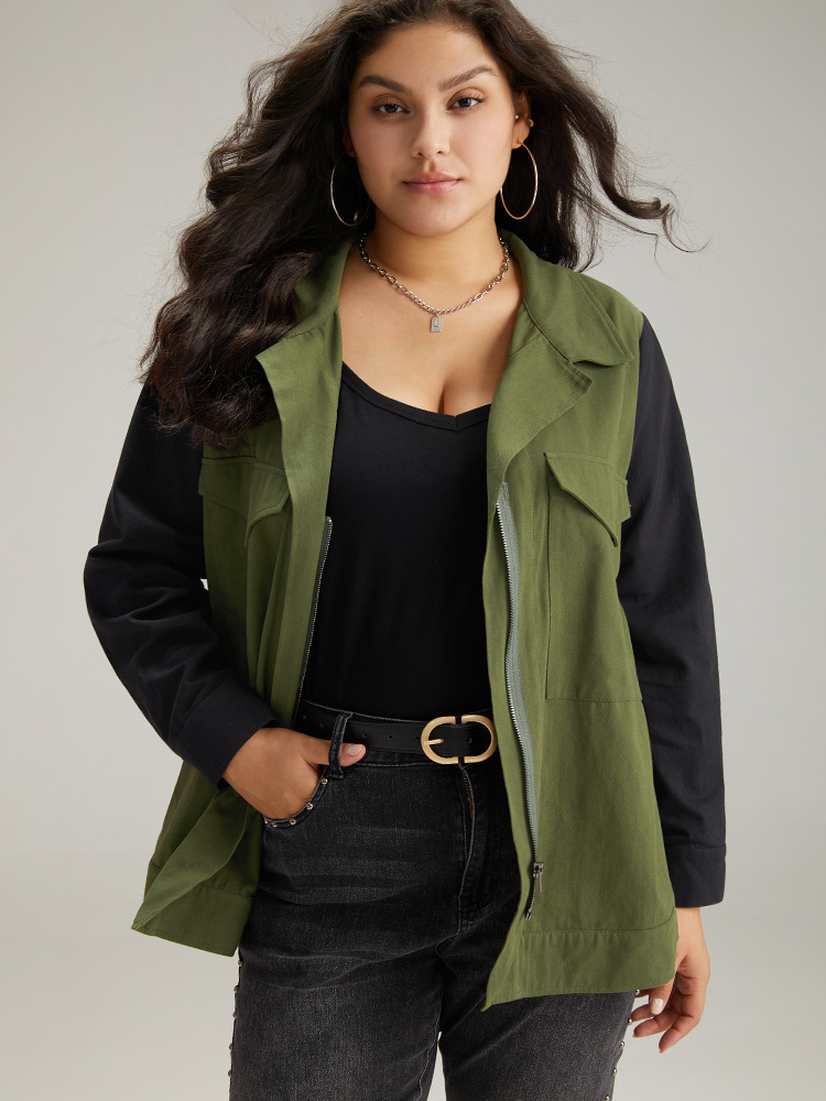 

Plus Size Contrast Lapel Collar Pocket Zipper Fly Coat Women Green Casual Contrast Ladies Dailywear Winter Coats BloomChic