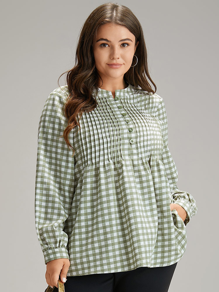 

Plus Size Olive Gingham Pleated Button Up Lantern Sleeve Blouse Women Office Long Sleeve Round Neck Work Blouses BloomChic