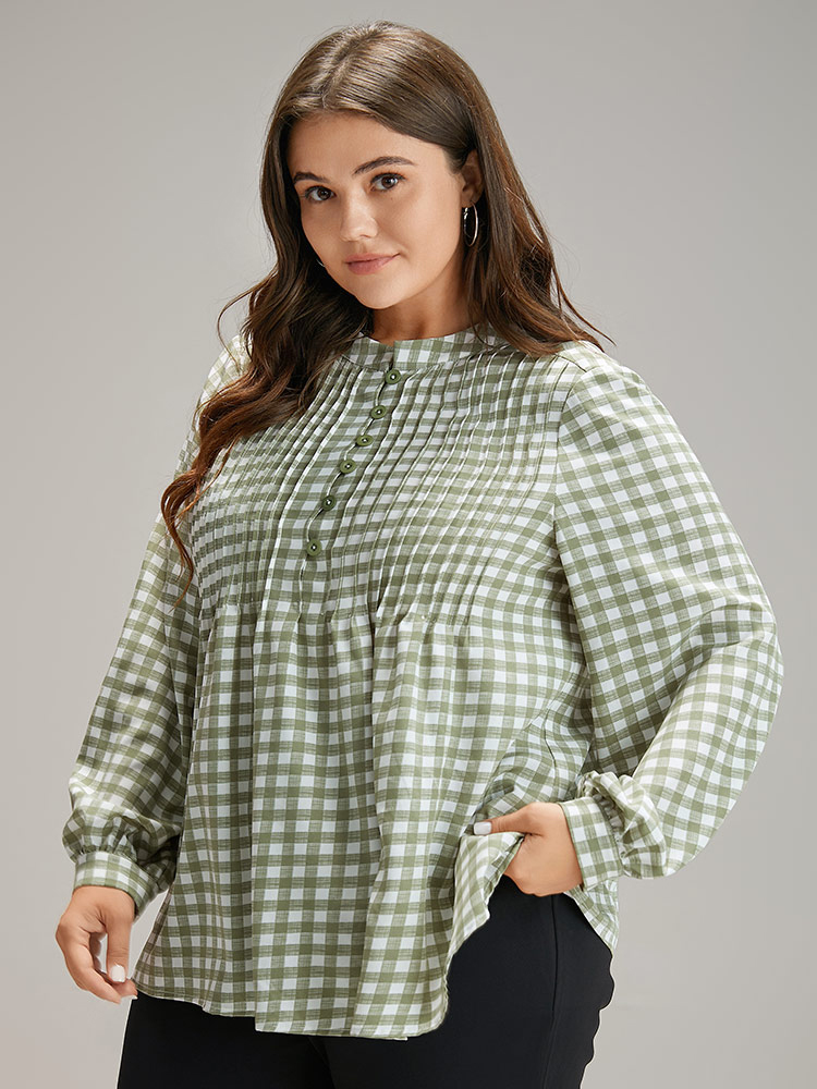 Plus Size Women Work Gingham Pleated Lantern Sleeve Long Sleeve Round Neck Office Blouses BloomChic 