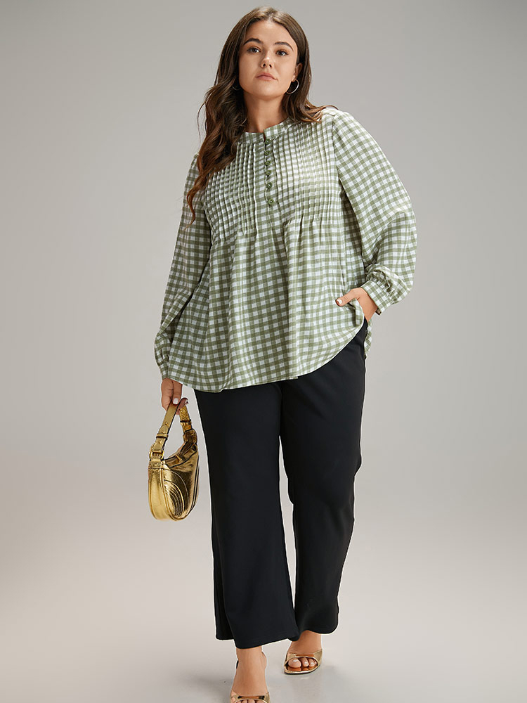 Plus Size Women Work Gingham Pleated Lantern Sleeve Long Sleeve Round Neck Office Blouses BloomChic 