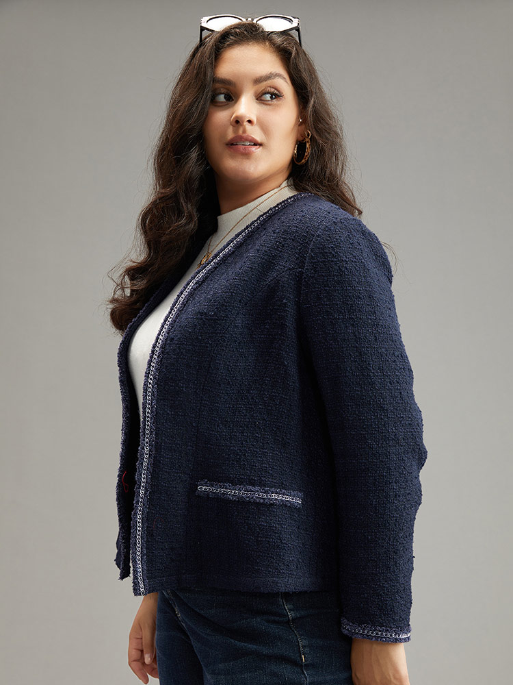 Plus Size Solid Open Front Patchwork Stitch Blazer Women Indigo Elegant Contrast Ladies Everyday Winter Coats BloomChic 14-16/1X 