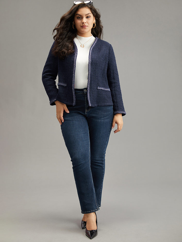 Plus Size Solid Open Front Patchwork Stitch Blazer Women Indigo Elegant Contrast Ladies Everyday Winter Coats BloomChic 14-16/1X 