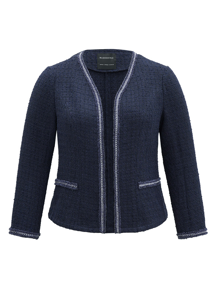 Plus Size Solid Open Front Patchwork Stitch Blazer Women Indigo Elegant Contrast Ladies Everyday Winter Coats BloomChic 14-16/1X 