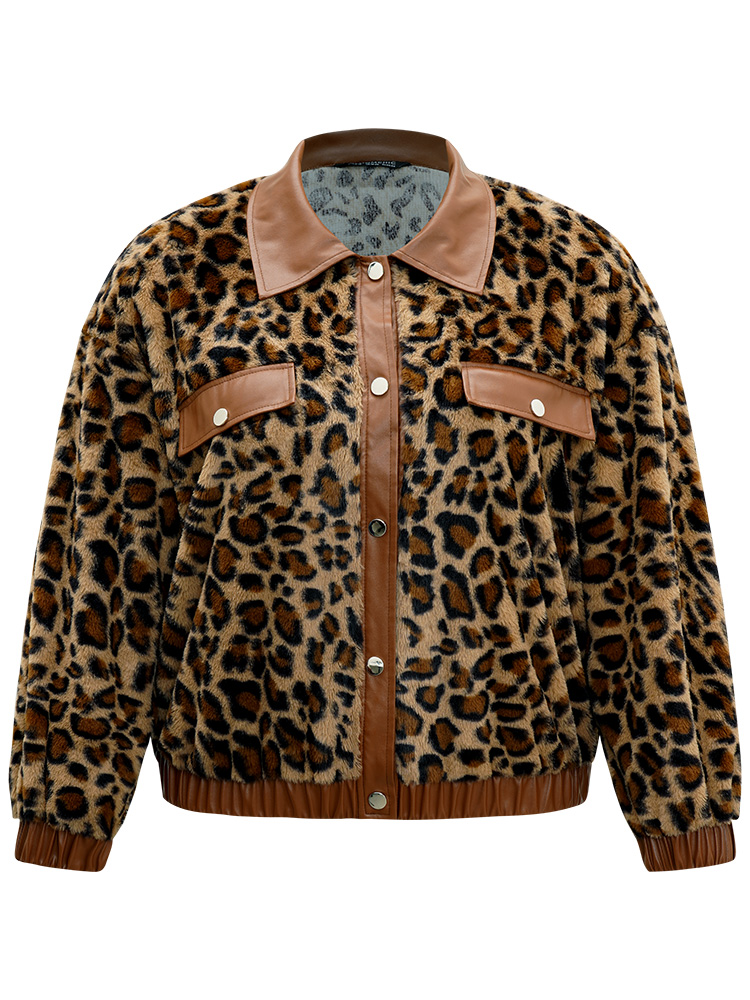 

Plus Size Leopard Patchwork Button Through Jacket Women Leopard Elastic cuffs Dailywear Jackets BloomChic