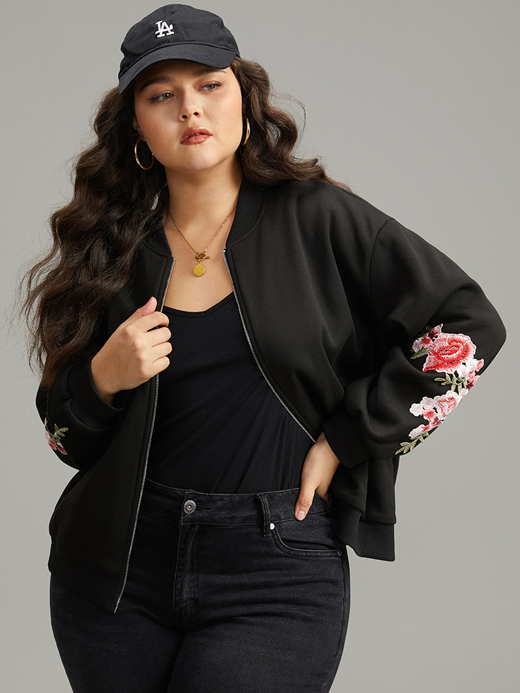 

Plus Size Floral Embroidered O Ring Zipper Jacket Women Black Elastic cuffs Everyday Jackets BloomChic