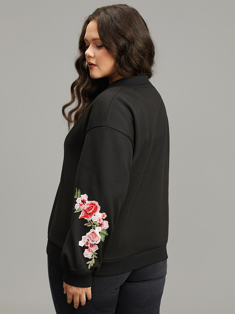 Plus Size Floral Embroidered O Ring Zipper Jacket Women Black Elastic cuffs Everyday Jackets BloomChic 14-16/1X 