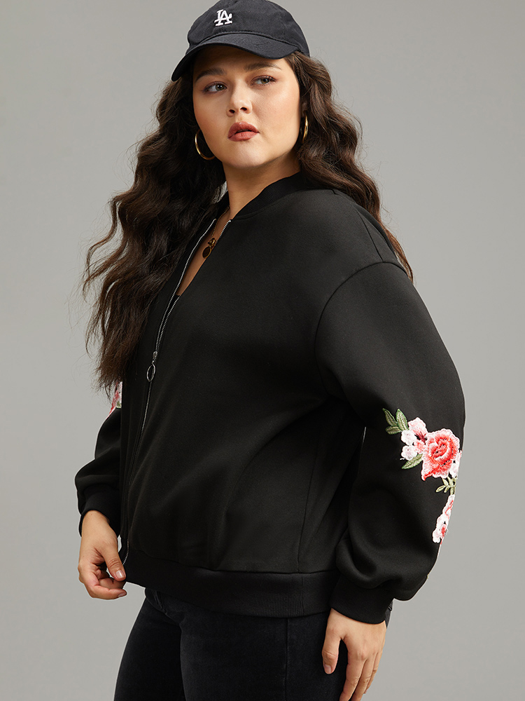Plus Size Floral Embroidered O Ring Zipper Jacket Women Black Elastic cuffs Everyday Jackets BloomChic 14-16/1X 