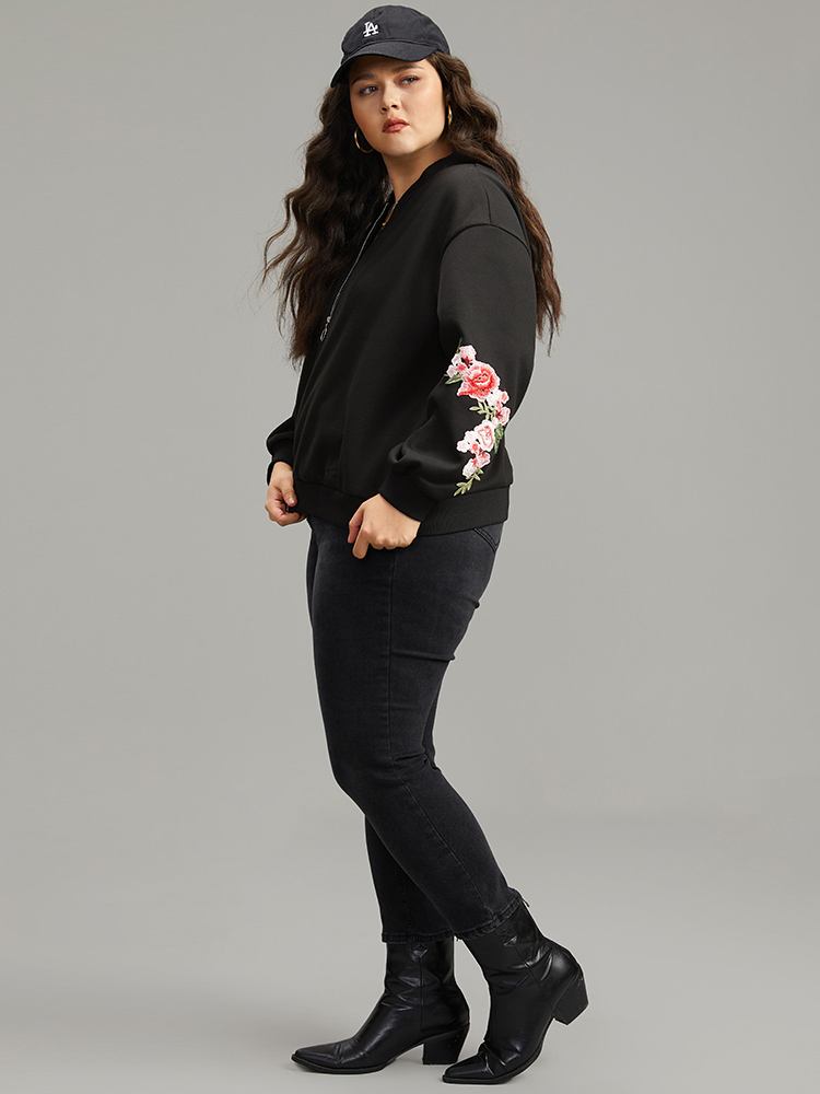 Plus Size Floral Embroidered O Ring Zipper Jacket Women Black Elastic cuffs Everyday Jackets BloomChic 14-16/1X 