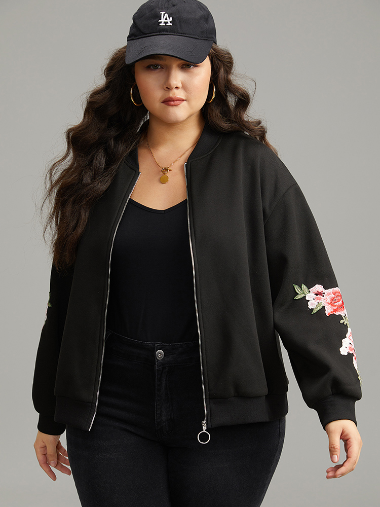 Plus Size Floral Embroidered O Ring Zipper Jacket Women Black Elastic cuffs Everyday Jackets BloomChic 14-16/1X 