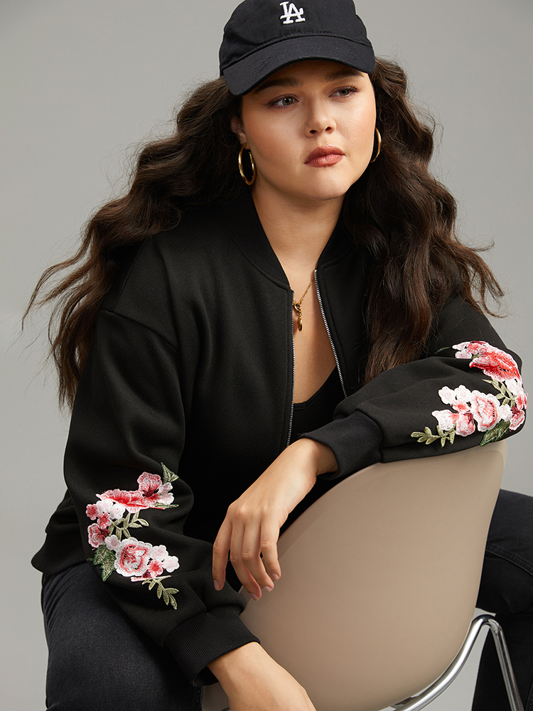 Plus Size Floral Embroidered O Ring Zipper Jacket Women Black Elastic cuffs Everyday Jackets BloomChic 14-16/1X 