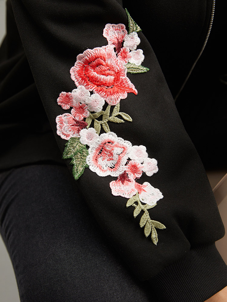 Plus Size Floral Embroidered O Ring Zipper Jacket Women Black Elastic cuffs Everyday Jackets BloomChic 14-16/1X 