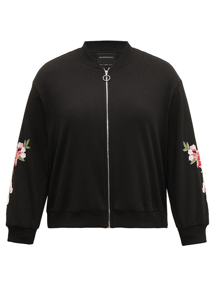 

Plus Size Floral Embroidered O Ring Zipper Jacket Women Black Elastic cuffs Everyday Jackets BloomChic