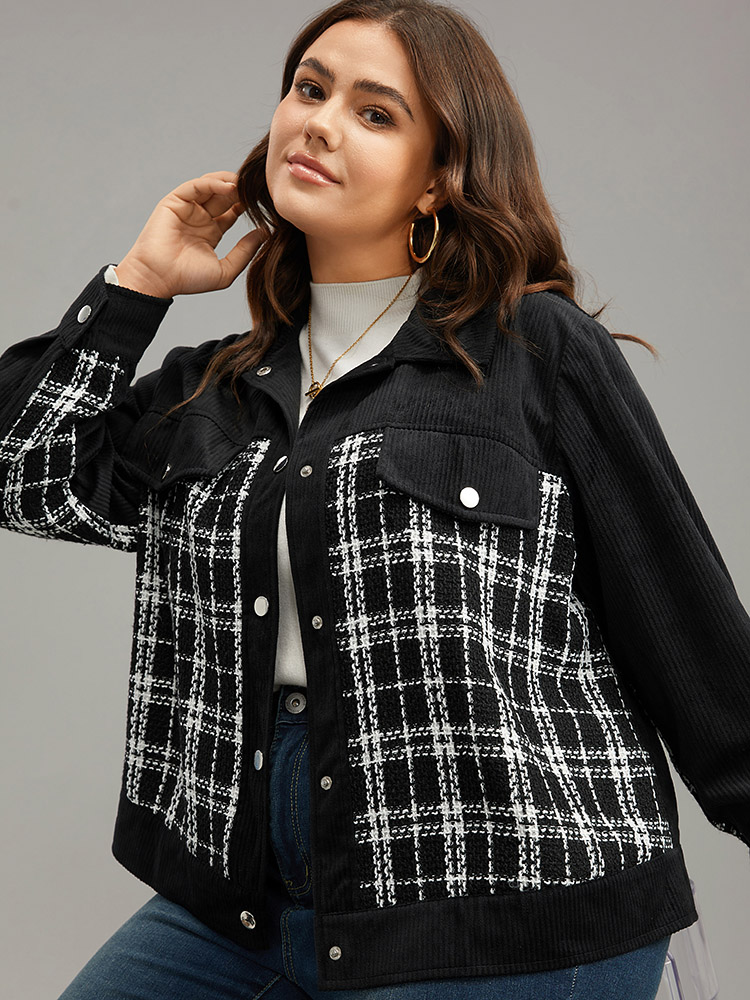 

Plus Size Plaid Metal Detail Patchwork Shacket Women Black Elegant Texture Ladies Everyday Winter Coats BloomChic