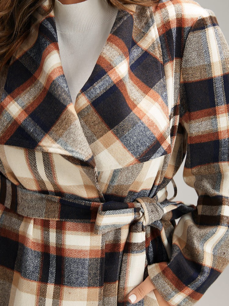 

Plus Size Plaid Belted Lapel Collar Pocket Coat Women Tan Casual Belted Ladies Dailywear Winter Coats BloomChic