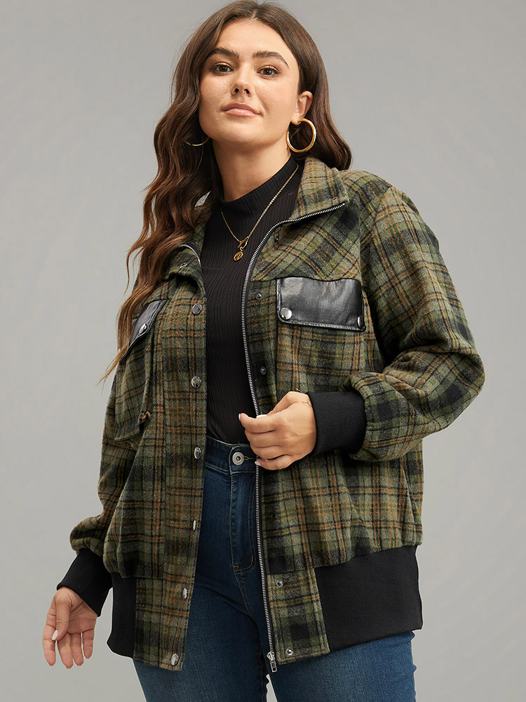 

Plus Size Plaid Flap Pocket Zipper Fly Jacket Women Multicolor Elastic cuffs Pocket Dailywear Jackets BloomChic