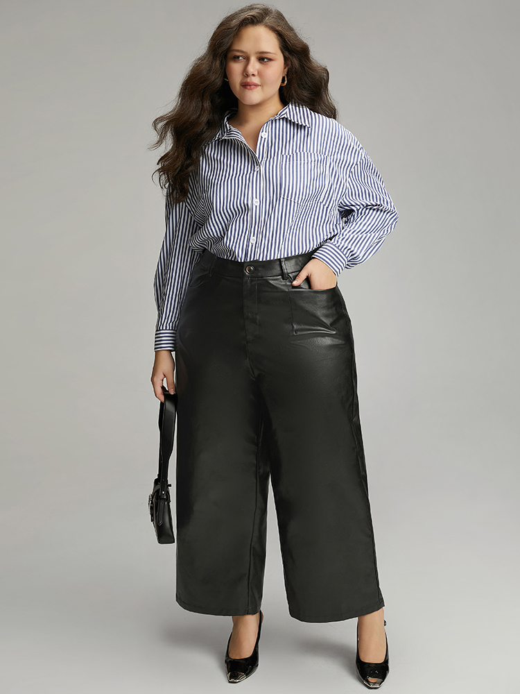 Plus Size PU Wide Leg Pocket Pants Women Black Elegant Wide Leg High Rise Dailywear Pants BloomChic 14-16/1X 