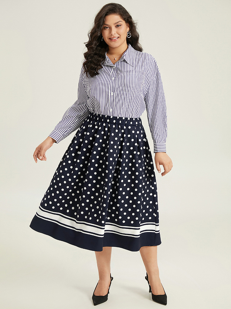 Plus Size Polka Dot Elastic Waist Contrast Skirt Women Indigo Office A-line No stretch Pocket Work Skirts BloomChic 12/L 
