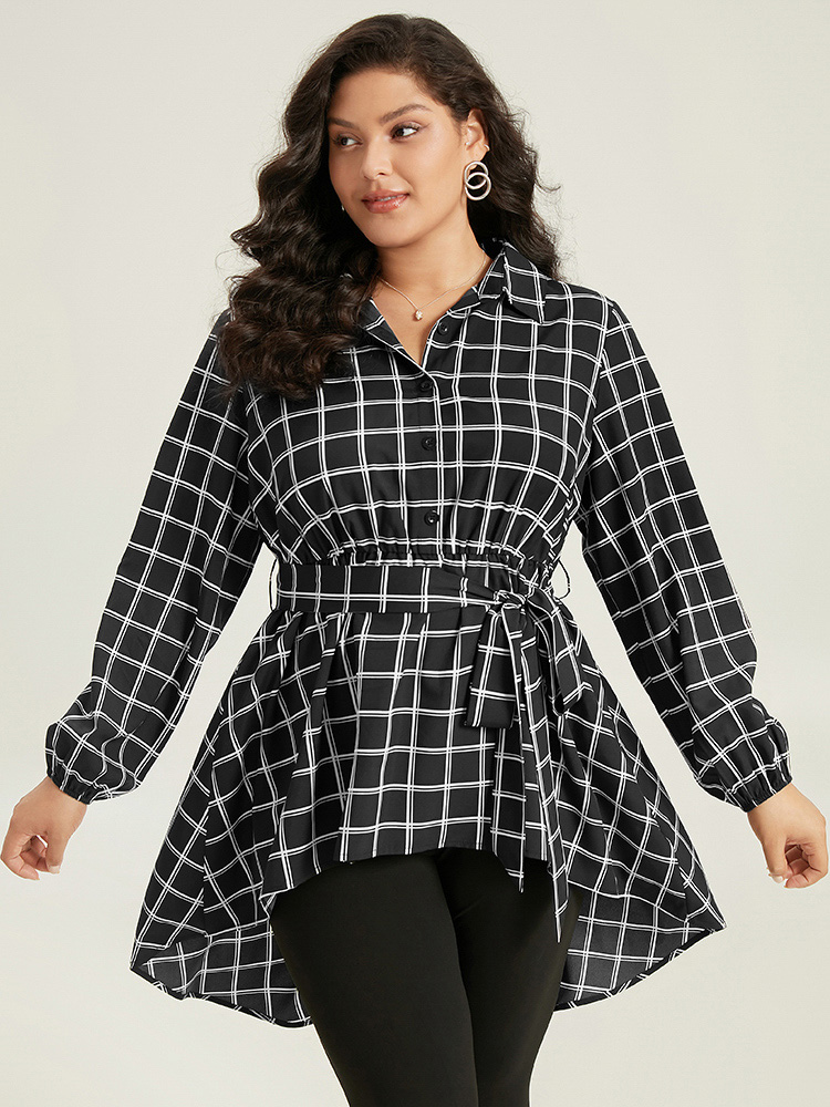 

Plus Size Black Plaid Button Up Belted High Low Hem Blouse Women Office Long Sleeve Shirt collar Work Blouses BloomChic