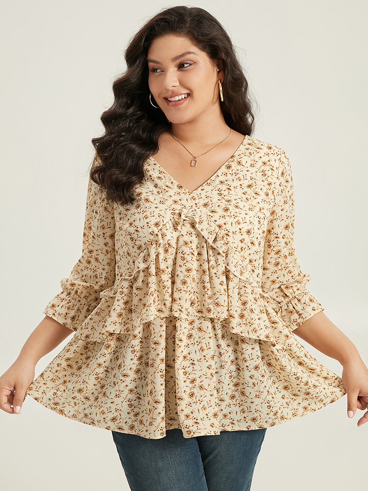 

Plus Size Apricot Ditsy Floral Tiered Ruffles Gathered Blouse Women Elegant Elbow-length sleeve V-neck Dailywear Blouses BloomChic