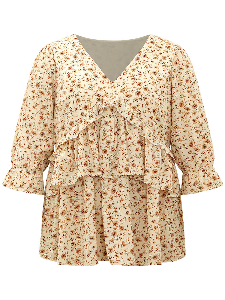 

Plus Size Apricot Ditsy Floral Tiered Ruffles Gathered Blouse Women Elegant Elbow-length sleeve V-neck Dailywear Blouses BloomChic