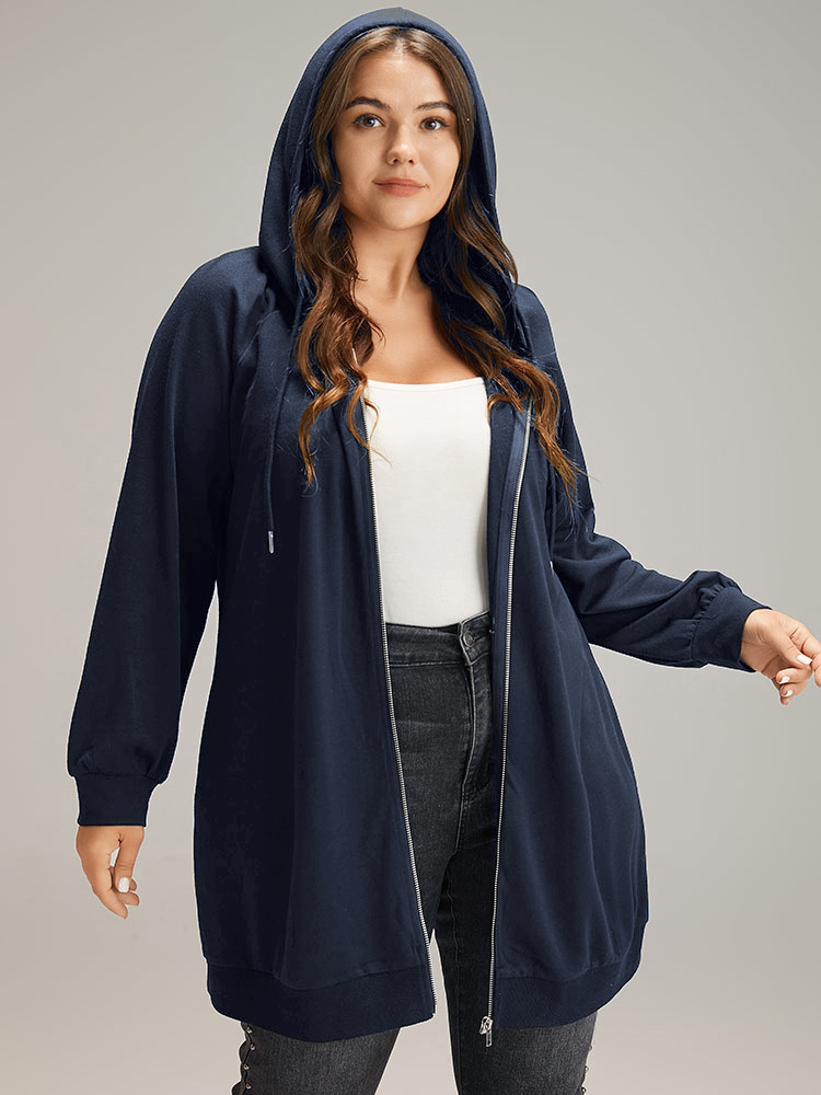 

Plus Size Plain Zipper Hooded Drawstring Pocket Sweatshirt Women DarkBlue Casual Plain Hooded Dailywear Sweatshirts BloomChic