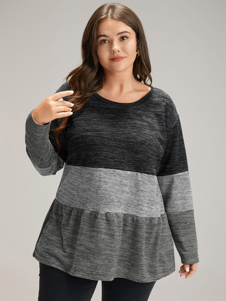 Plus Size Women Dailywear Plain Gathered Regular Sleeve Long Sleeve Round Neck Casual T-shirts BloomChic 