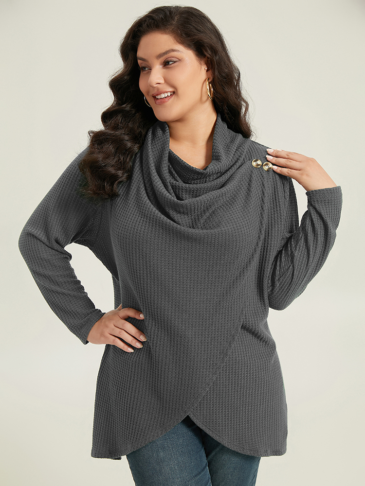 

Plus Size Waffle Knit Cowl Neck Wrap Hem T-shirt Gray Cowl Neck Long Sleeve Elegant Jersey Tops