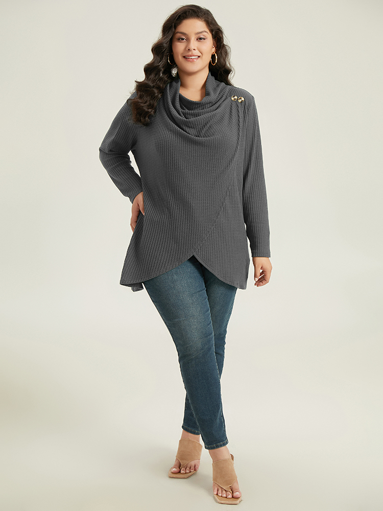 

Plus Size Waffle Knit Cowl Neck Wrap Hem T-shirt Gray Cowl Neck Long Sleeve Elegant Jersey Tops