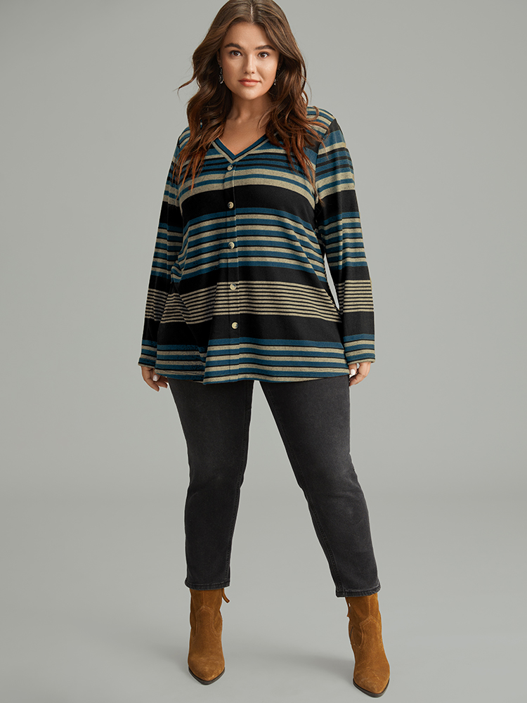 Plus Size Women Festival-Halloween Striped Contrast Regular Sleeve Long Sleeve V-neck Casual T-shirts BloomChic 
