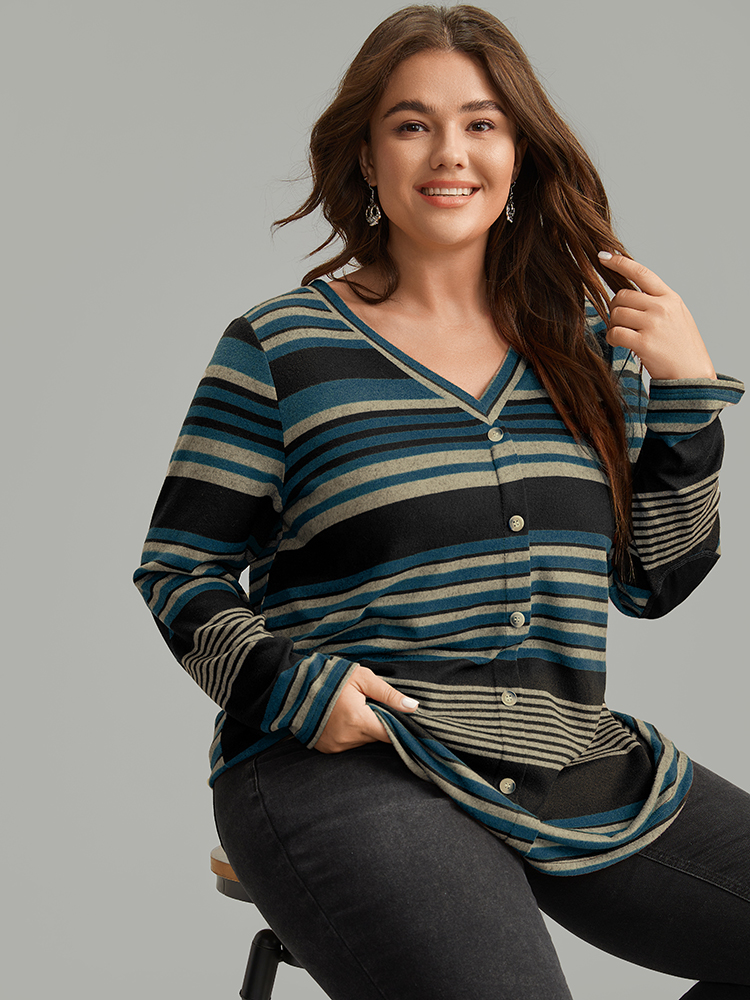 Plus Size Women Festival-Halloween Striped Contrast Regular Sleeve Long Sleeve V-neck Casual T-shirts BloomChic 