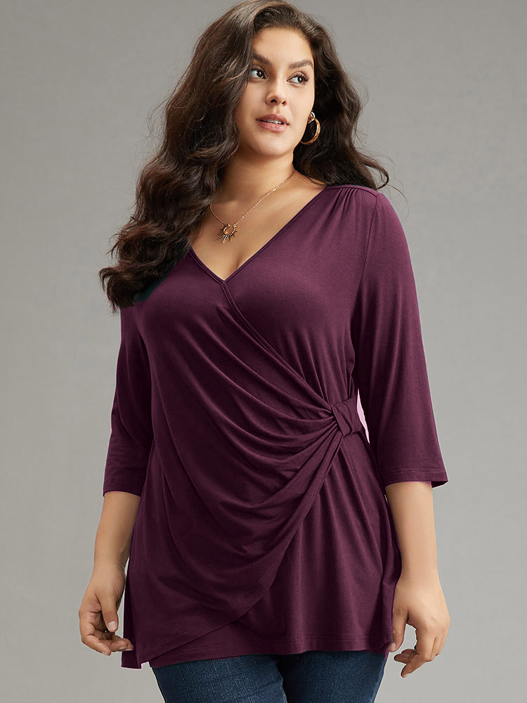 

Plus Size Supersoft Essentials Crossover Pleated T-shirt Purple V-neck Elbow-length sleeve Elegant Jersey Tops