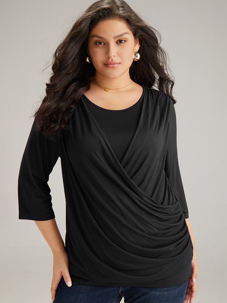 

Plus Size Supersoft Essentials Plain Crossover T-shirt Black Overlap Collar Elbow-length sleeve Elegant Jersey Tops